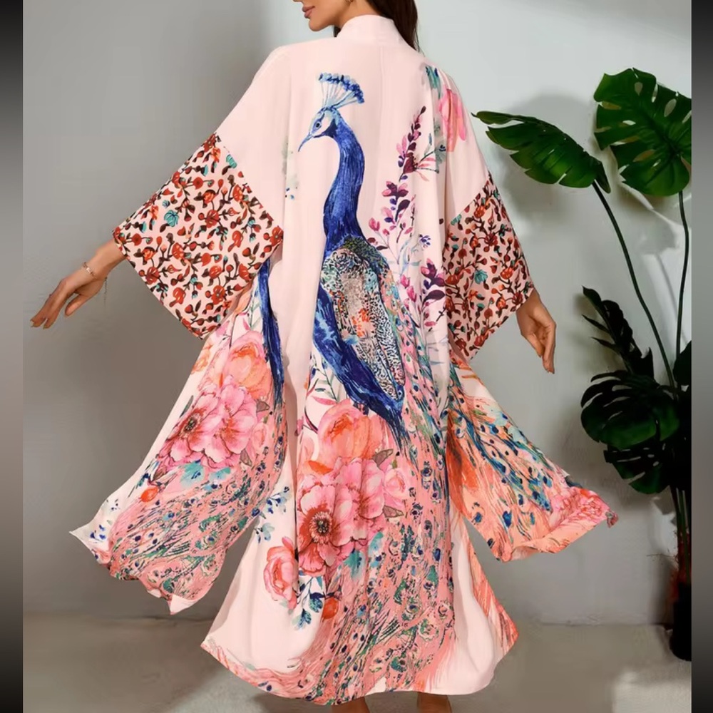 Kimono cardigan floral boho blouse swimsuit cover up belt tie peacock white - Picture 3 of 4